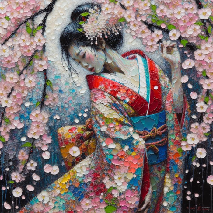 Vibrant Kimono Woman in Cherry Blossoms: Encaustic Art Vibrant Kimono Woman in Cherry Blossoms: Encaustic Art