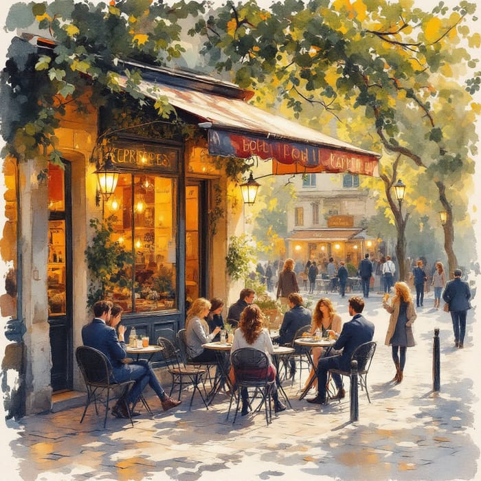 Charming European Café Scene - Oil Painting Masterpiece Charming European Café Scene - Oil Painting Masterpiece