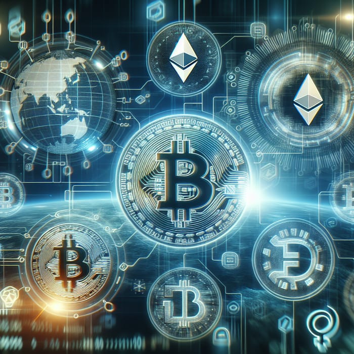 Futuristic Crypto Symbols in Digital Landscape