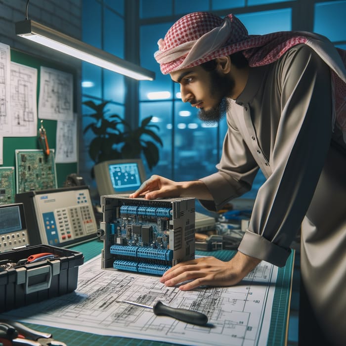 Engineer Performing PLC Maintenance in Electronics Lab