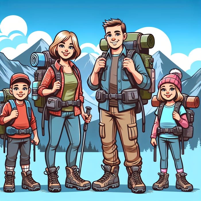 Family Hiking Adventure: Cartoon Family in Majestic Mountains