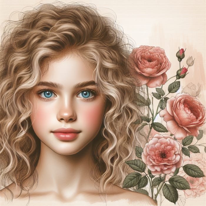 Curly Blond Girl with Bright Blue Eyes Against Beige Background | Serene Beauty