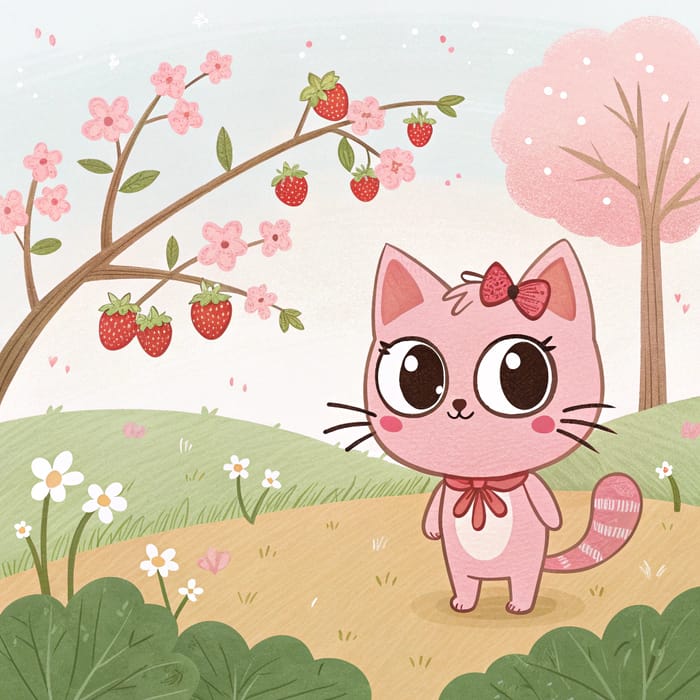 Cute Pink Duster Cat Among Blossoms