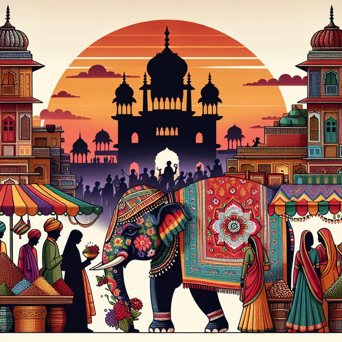 Vibrant Indian Culture Painting | Market Scene & Elephant