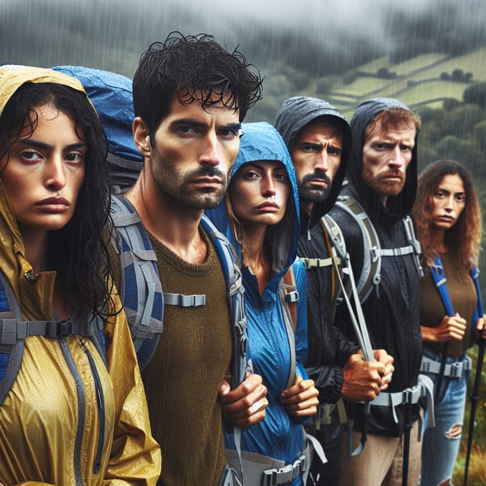 Diverse Group of Hikers at Santiago de Compostela in Rainstorm Diverse Group of Hikers at Santiago de Compostela in Rainstorm