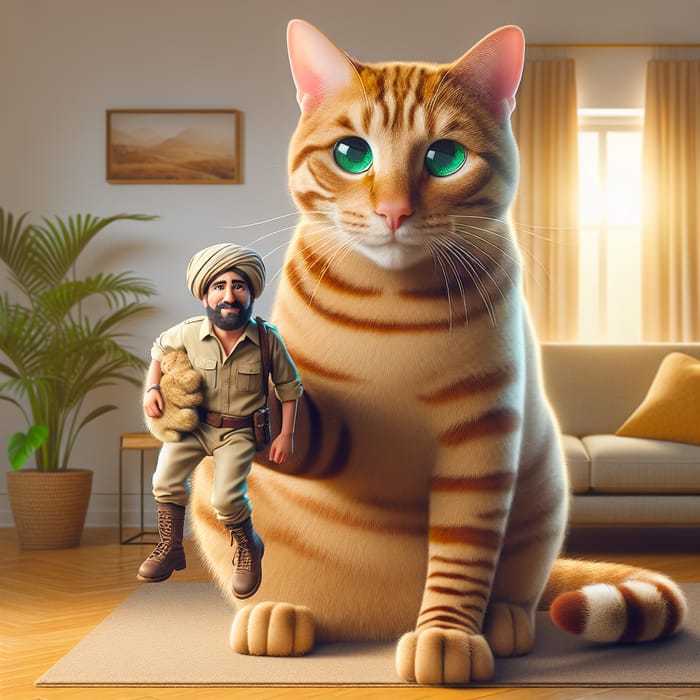 Giant Ginger Cat Holding a Human in a Cozy Scene