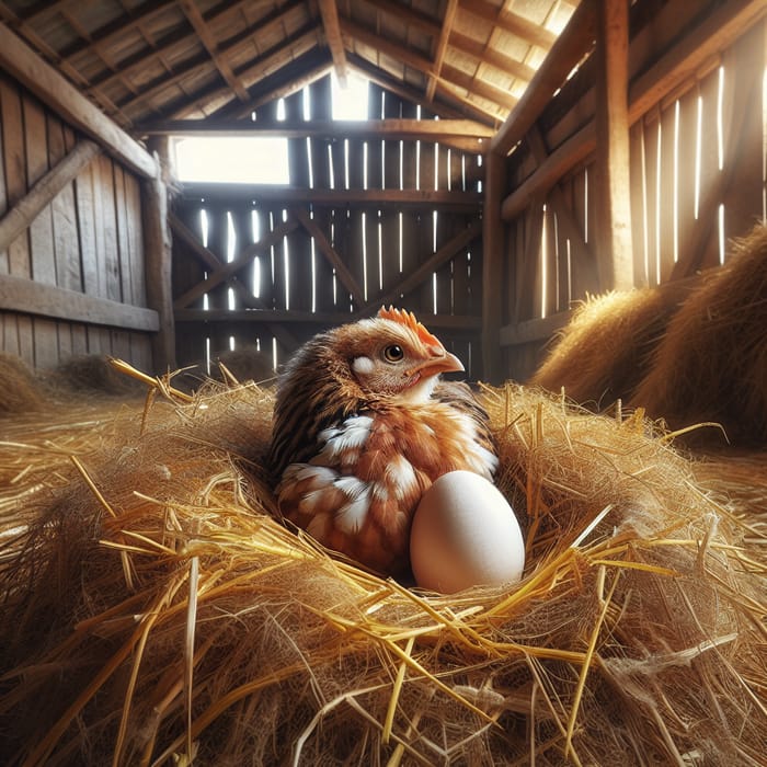 Adorable Mini Chicken Lays Large Egg in Rustic Barn Hay - Country Charm Scene