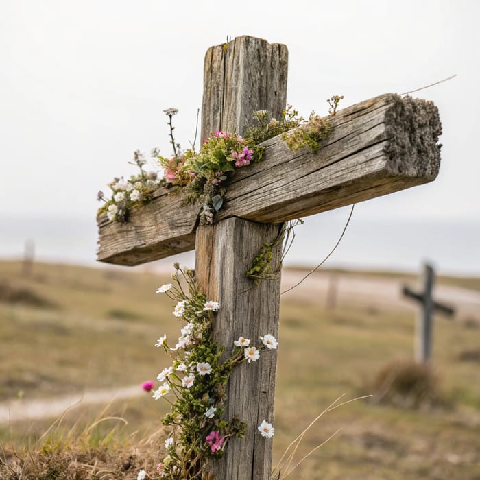 Beautiful Old Wood Cross with Tiny Flowers