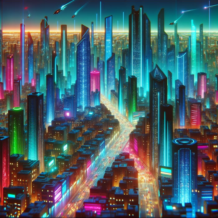 Vibrant Neon Cyberpunk Cityscape by Syd Mead at Night