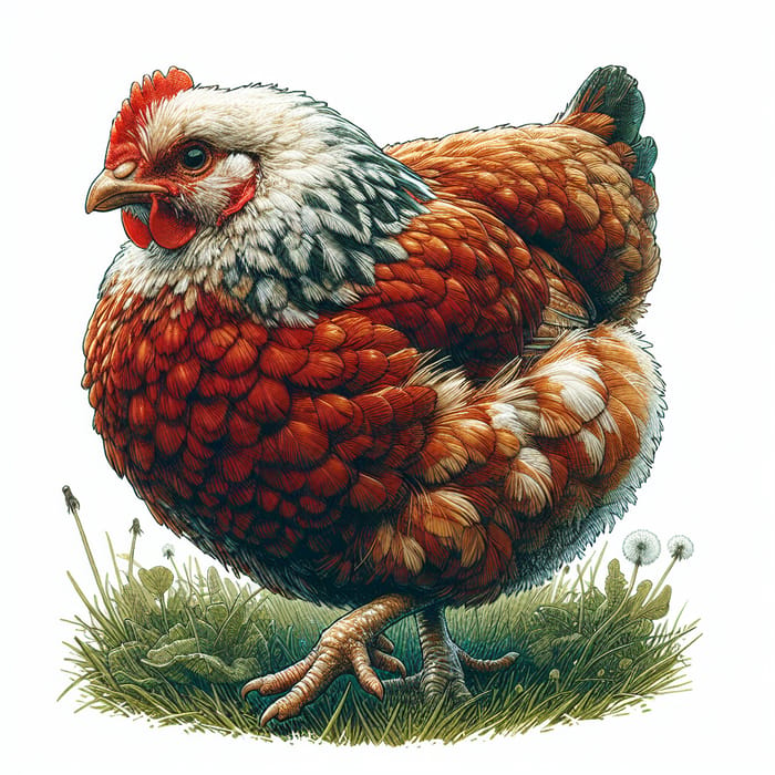 Vibrant Red and White Chicken on Lush Green Grass