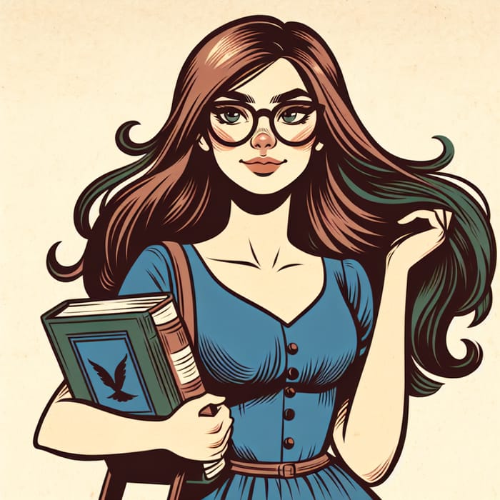 University Student with Long Hair and Glasses Carrying Books in Blue Dress, Pixar Style