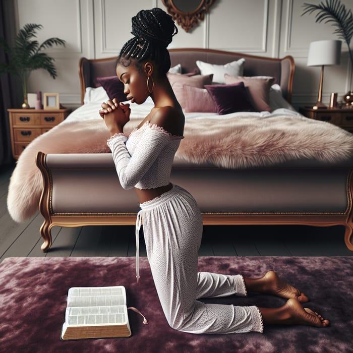 African American Woman Kneeling in Prayer | Bedroom Prayer Scene