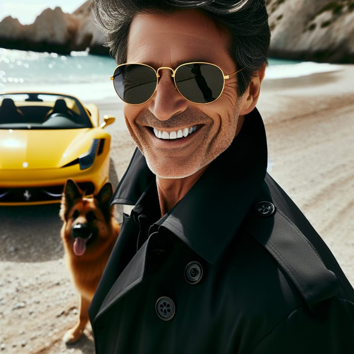 Smiling Man in Trench Coat with Dog and Yellow Ferrari on Beach