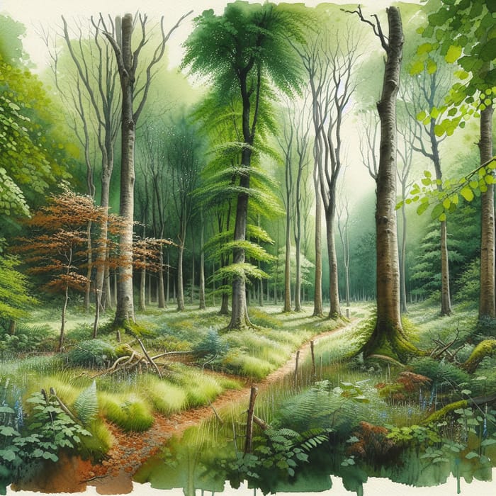 Tranquil Serene Forest Watercolor Art