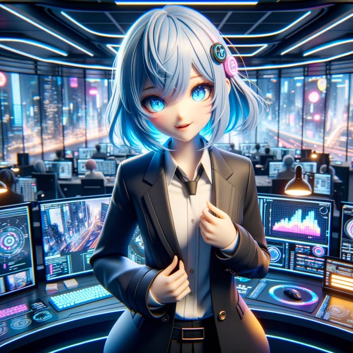 Endearing 3D Anime Character in Cyberpunk Office | Sky-Blue Hair