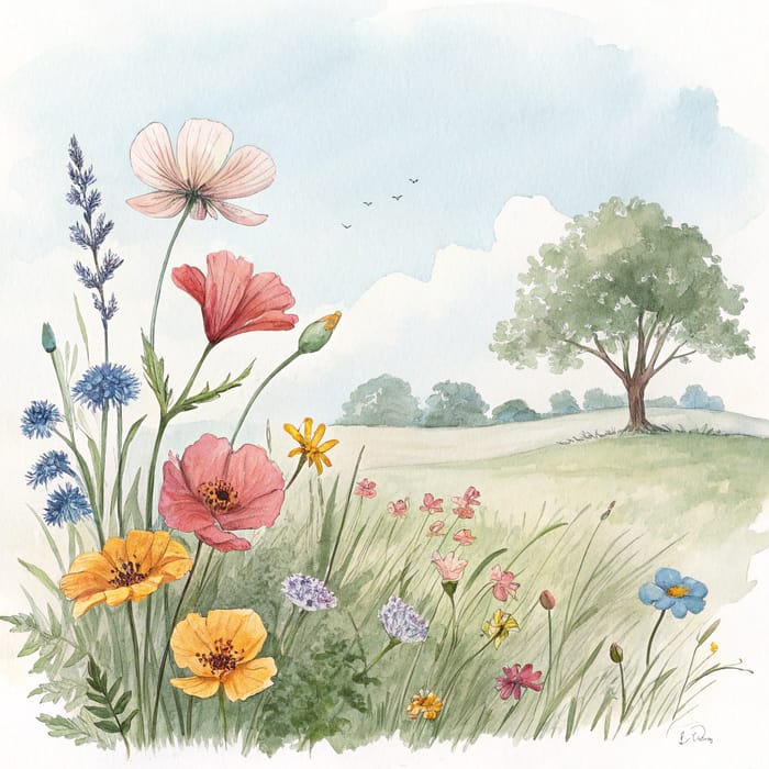 Watercolor Field Flower Illustration