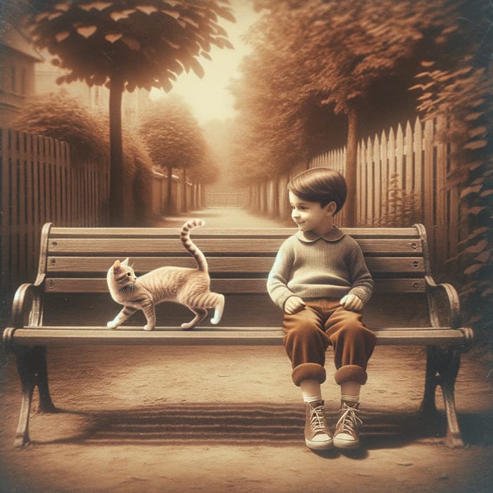 Captivating Scene: Boy and Cat on Park Bench, Vintage Feel