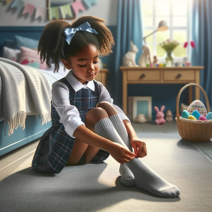 African Schoolgirl in Easter Outfit Adjusting Bow Socks