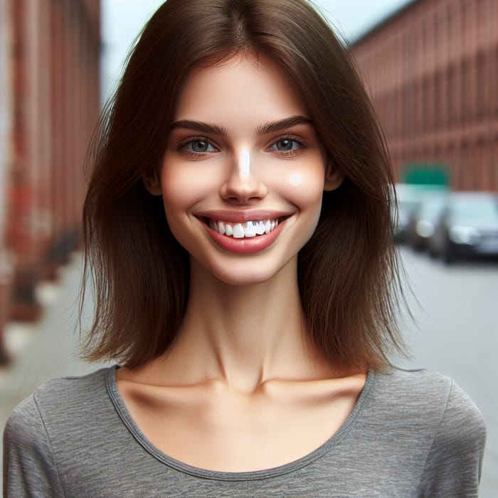 Slim Caucasian Woman with Fine Face, Big Teeth, and Brown Hair