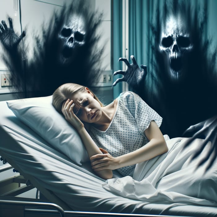 Sick Woman in Hospital Bed Surrounded by Shadows