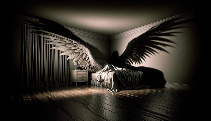 Haunting Bird Wings Under Bed - Hyperrealistic Image