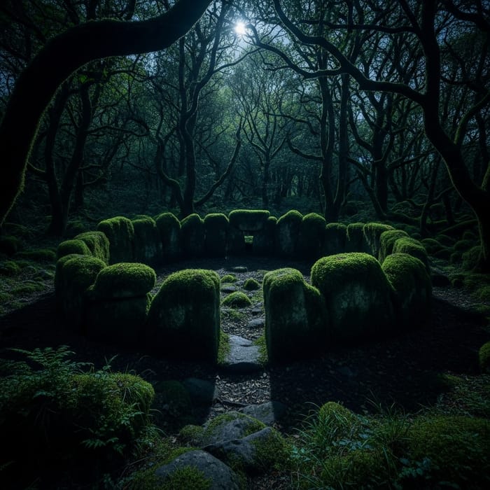 Moss-Covered Stone Circle in a Mysterious Forest Moss-Covered Stone Circle in a Mysterious Forest