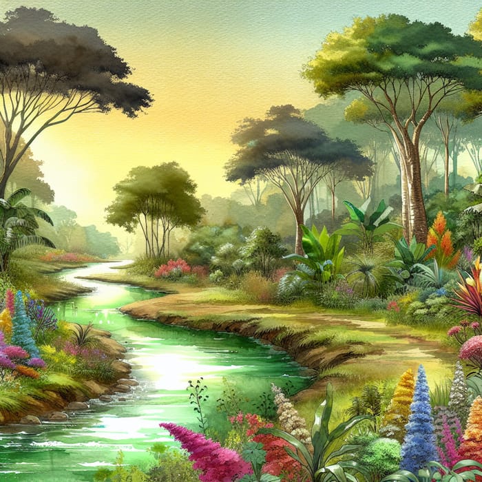 Nature Watercolor: Lush Forest & Sparkling Stream Artwork