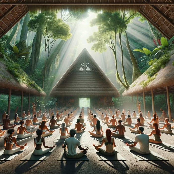 Realistic Image of Men and Women Practicing Yoga in a Maloka