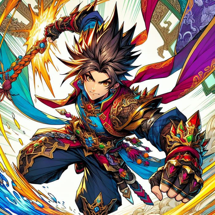 Epic Fusion Character: Spiky Hair, Vibrant Anime Scenery