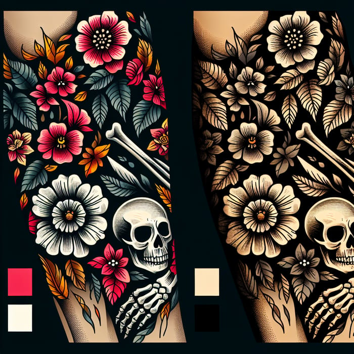 Life and Death Tattoo Design for Left Arm: Harmony of Blooms and Skulls