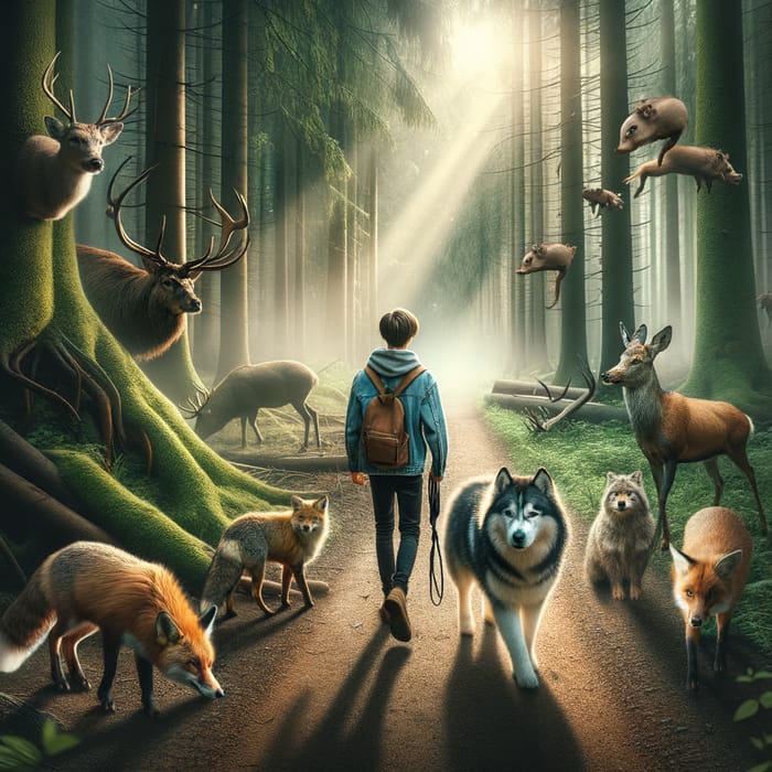 Enchanting Forest Walk: Teen and Husky Among Wildlife Wonders