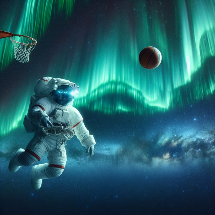 Astronaut Playing Basketball in Aurora Borealis