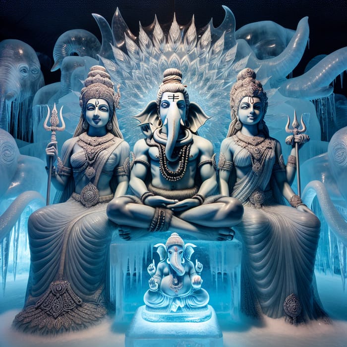 Lord Shiva, Parvati & Ganesha on Ice Throne | Divine Depiction