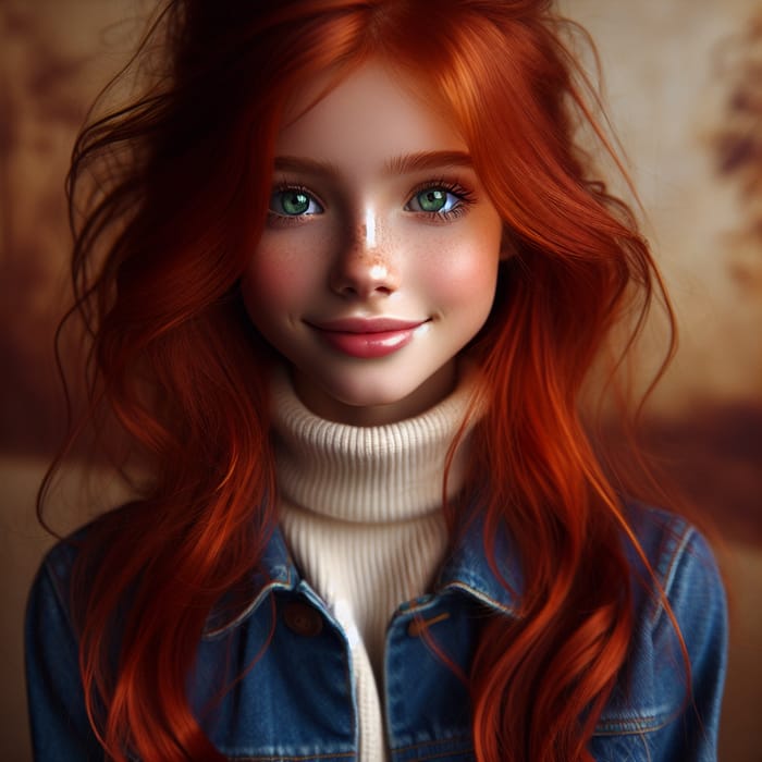 Fiery Red-Haired Girl | Emerald Green Eyes | Denim Jacket Portrait