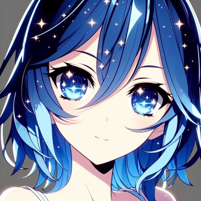 Blue Haired Anime Girl with Twinkling Starry Eyes