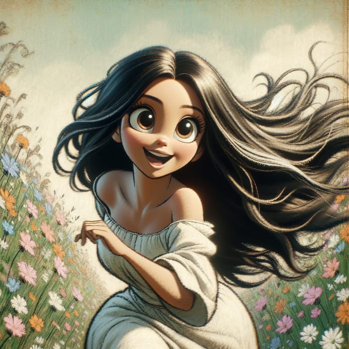 Anime-Style Art of Woman with Long Silky Hair Running in Flower Meadow