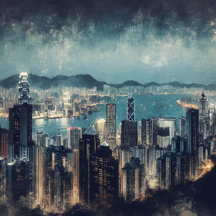 Hong Kong Night View: Chinese Brush Art Style