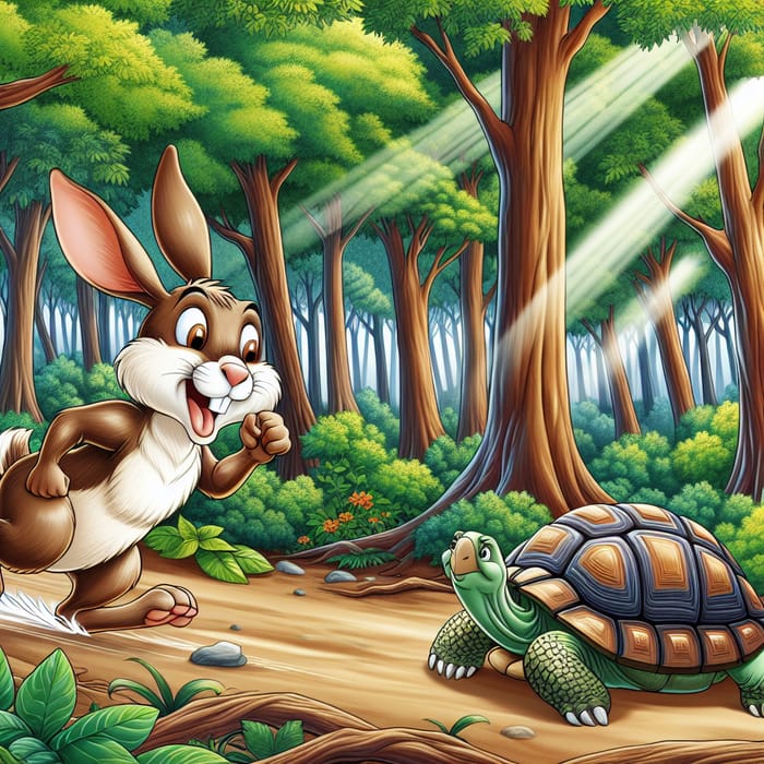 Speedy Hare Mocks Slow Tortoise: Forest Race Scene