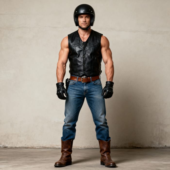 Muscular Motorcyclist in Black Leather Gear Muscular Motorcyclist in Black Leather Gear