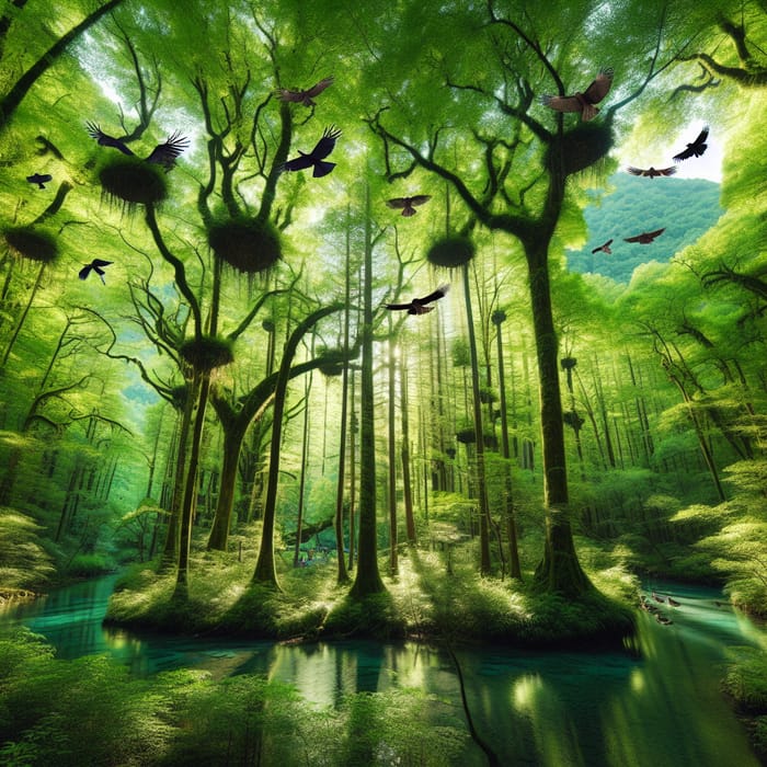 Lush Forest with Tall Trees and Flying Birds