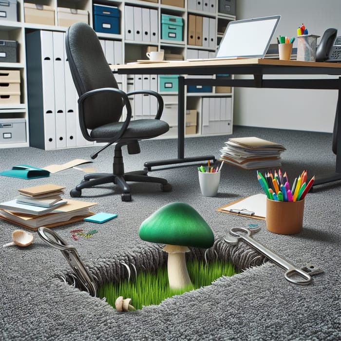 Green Mushroom in Office | Whimsical Company Growth Concept Green Mushroom in Office | Whimsical Company Growth Concept