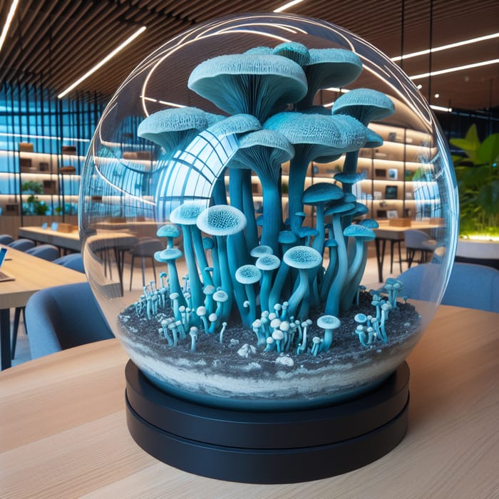 Unique Blue Mushroom in Glass Vessel | Luxury Corporate Setting