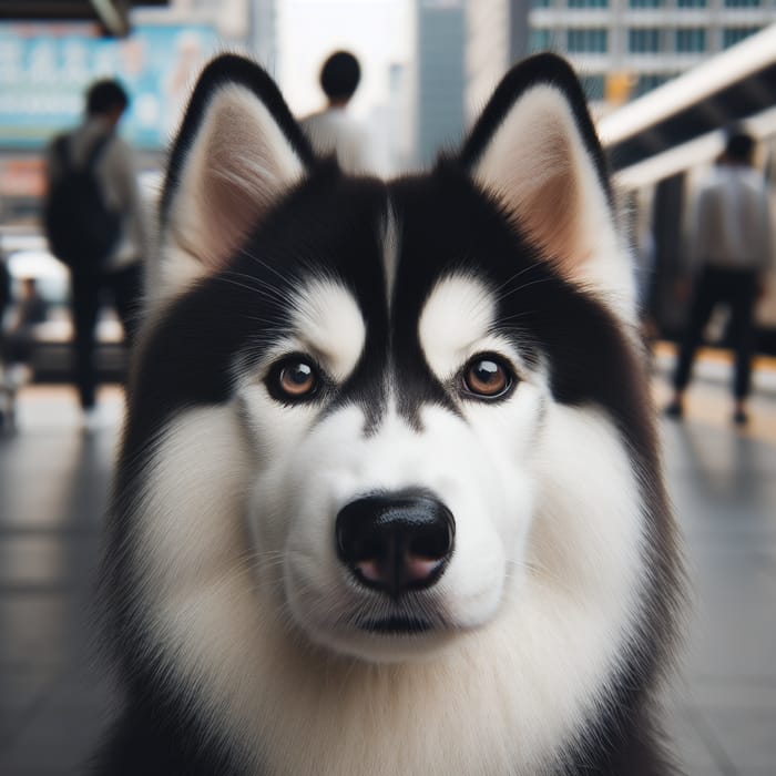 Siberian Husky with Black and White Fur, City Stare and Light Brown Eyes