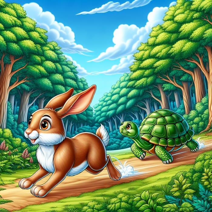 Hare vs. Tortoise: A Friendly Race in Lush Woods