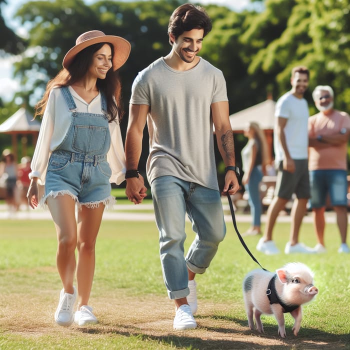 Happy Couple Walking with Mini Pig - Park Stroll Delight