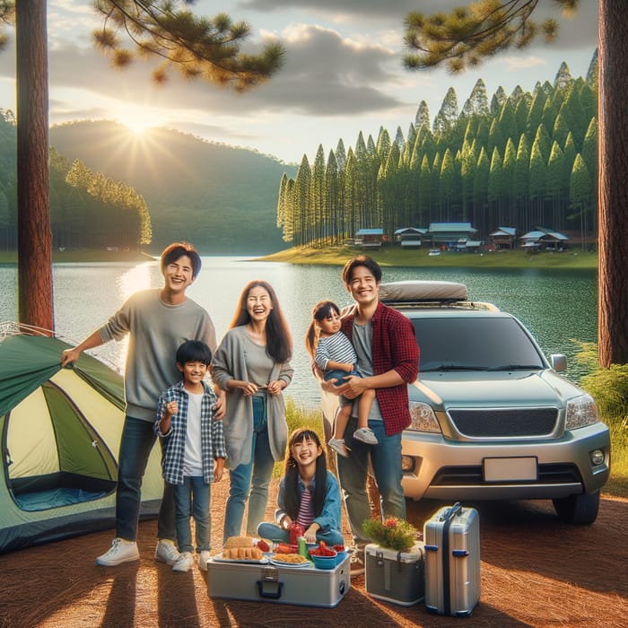 Asian Family Car Camping by Lake: Outdoor Adventure Bliss