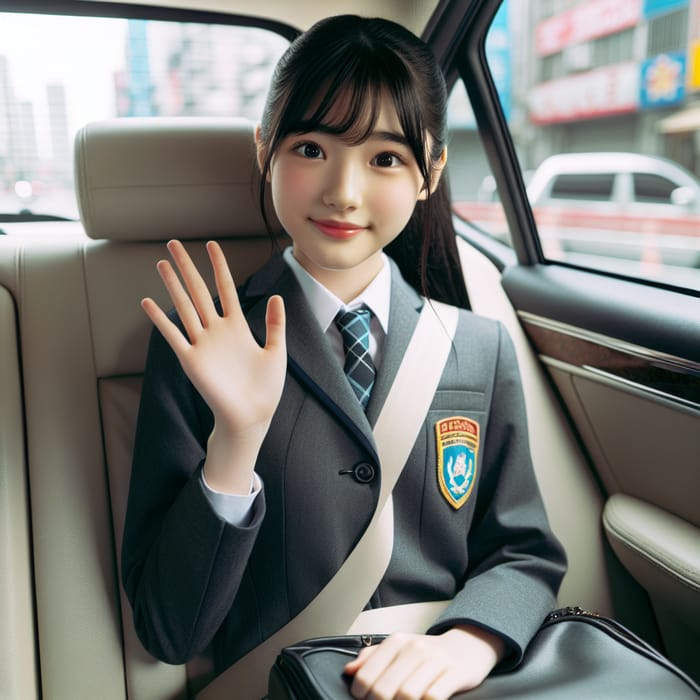 Asian School Girl Waving Inside Car