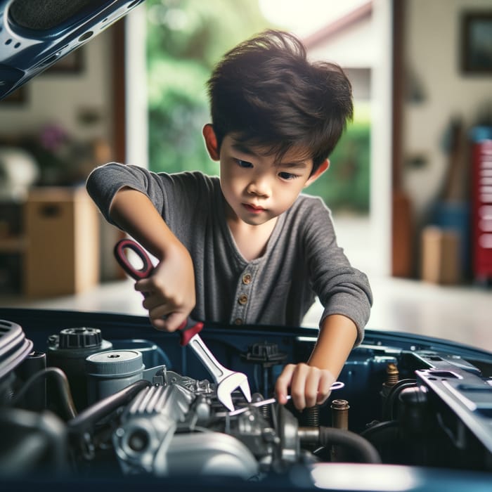 Asian Boy Car Repair: Expertly Fixing with Tools