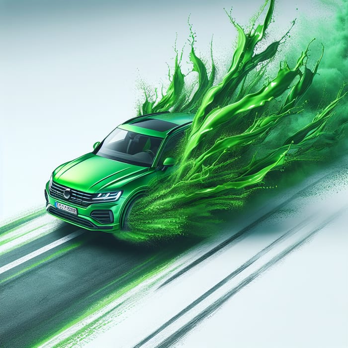 Fast Green Car on White Road with Vibrant Splashes