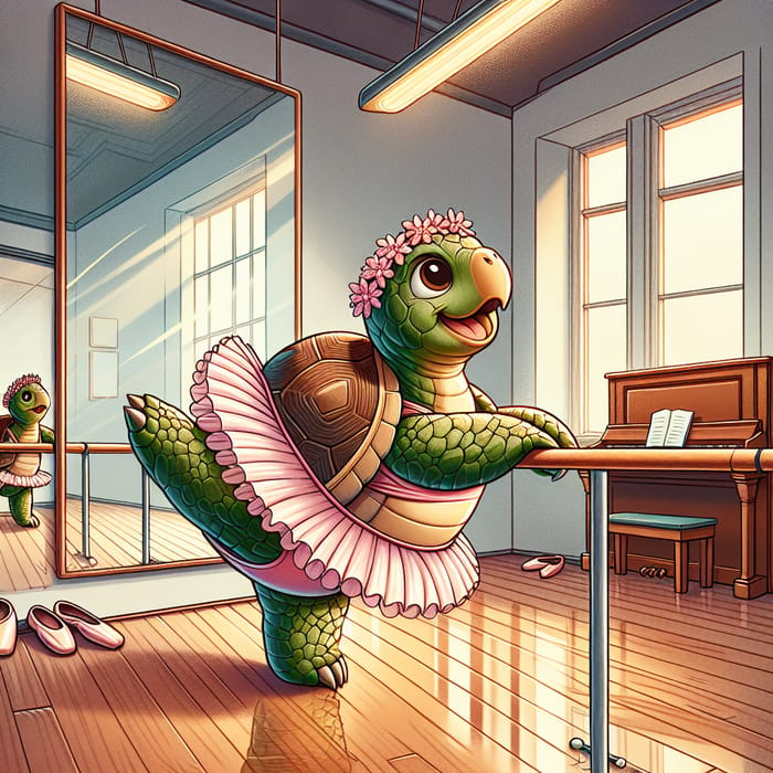 Tutu-Wearing Turtle Practicing Pointes in a Ballet Studio